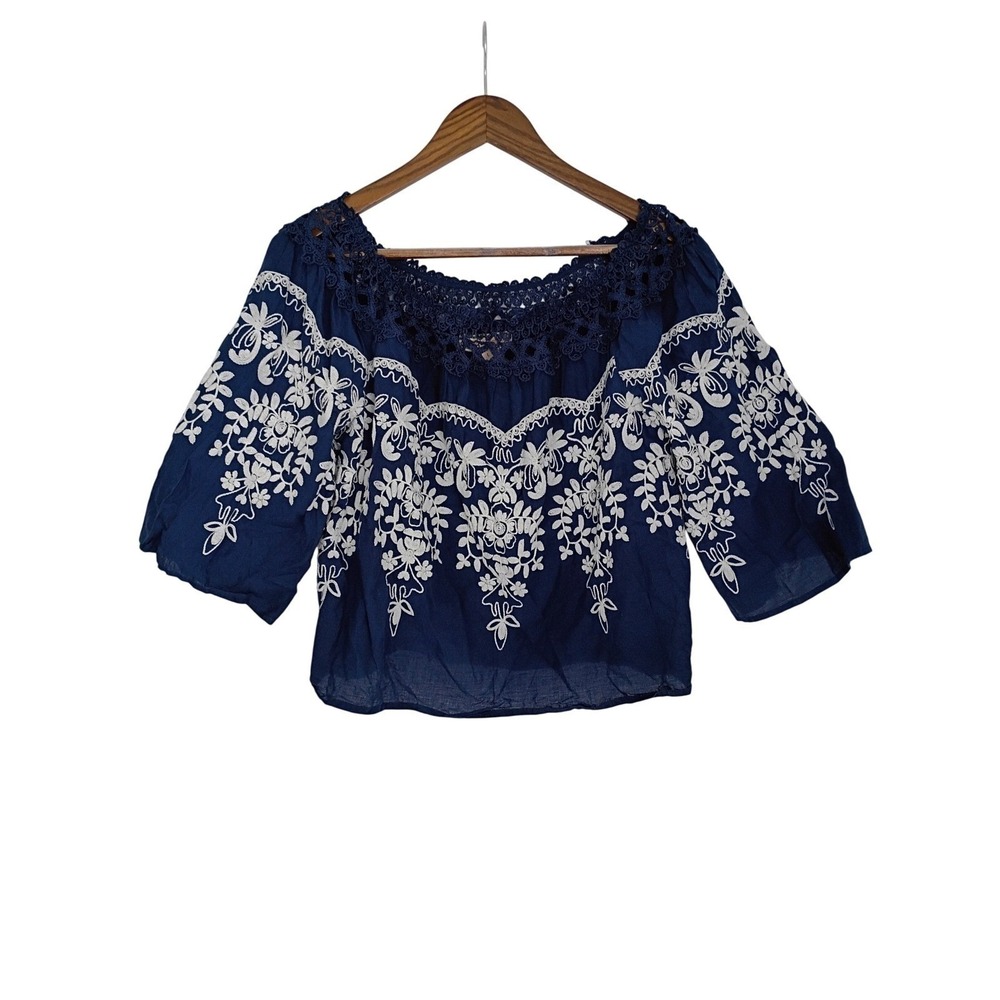Flying Tomato Navy 100% Cotton Embroidered Crochet Off Shoulder Boho L - Picture 2 of 7